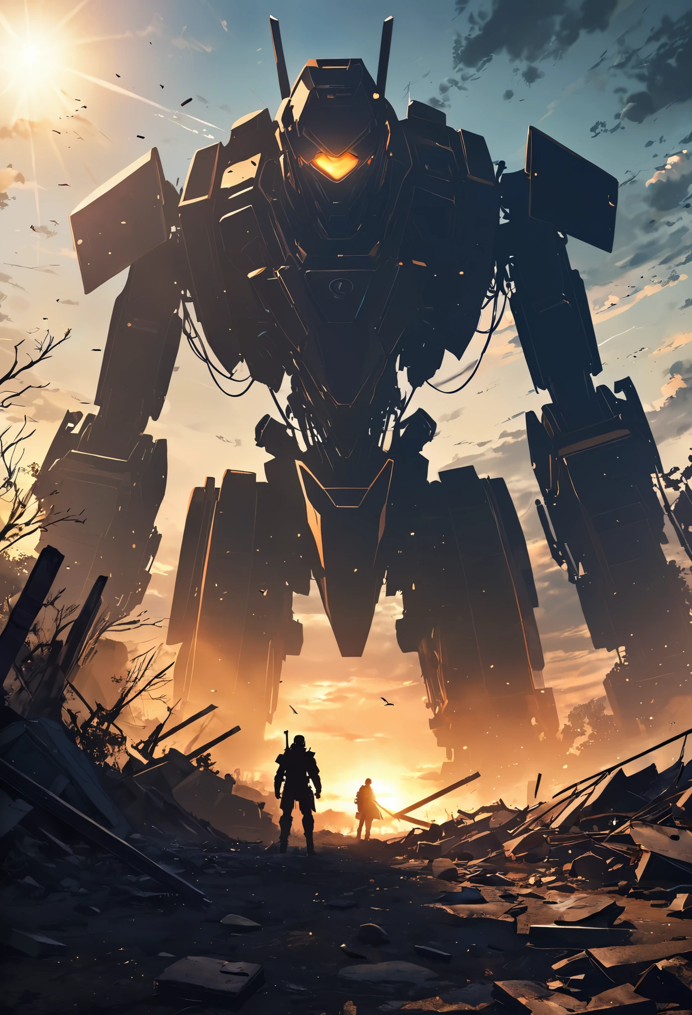 A broken robot abandoned after a fierce battle、The evening sun shines、((Backlight))、silhouette、evening、Nostalgic、ruins、Battlefield、Fleeting respite