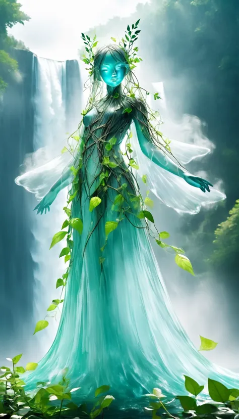 beautiful forest spirit fairy, wearing fresh green leaves and vines, protected by iridescent transparent triangular barrier, summon smoke-like spirit and shoot magic neon color beam, BREAK background surrounded by huge blue waterfall like Niagara Falls, fantasy world battlefield