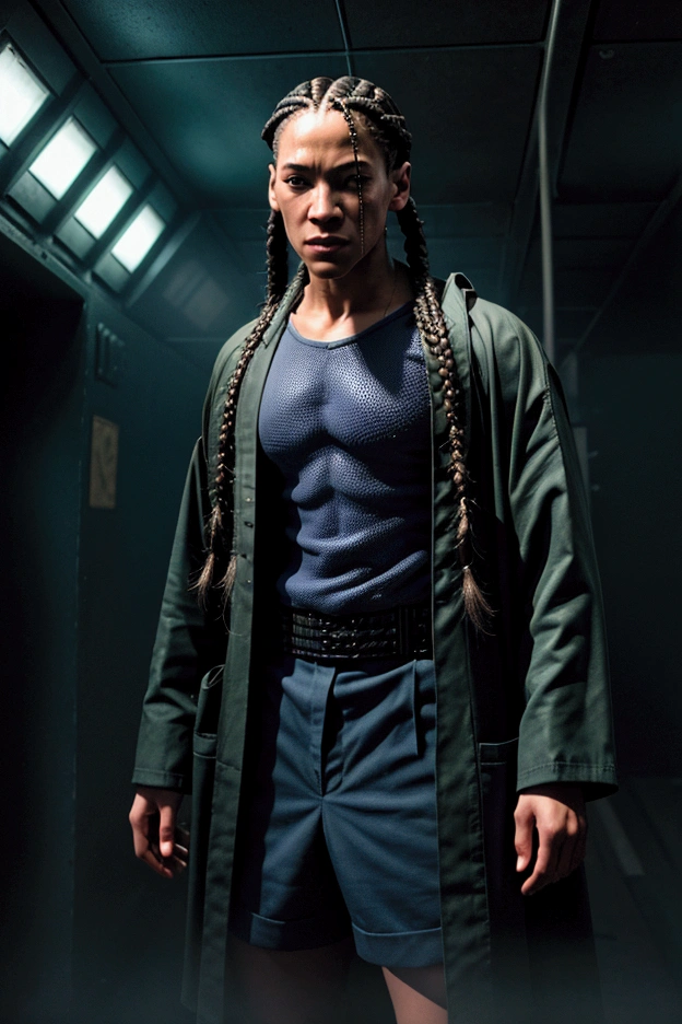 a young man as a ((character from the matrix)), ((box braids)), robes, blue letter carrier uniform, shorts, shock, vintage photography, detailed facial features, high quality, 8k, photorealistic, dramatic lighting, cinematic, chiaroscuro, moody atmosphere, neo-noir, science fiction