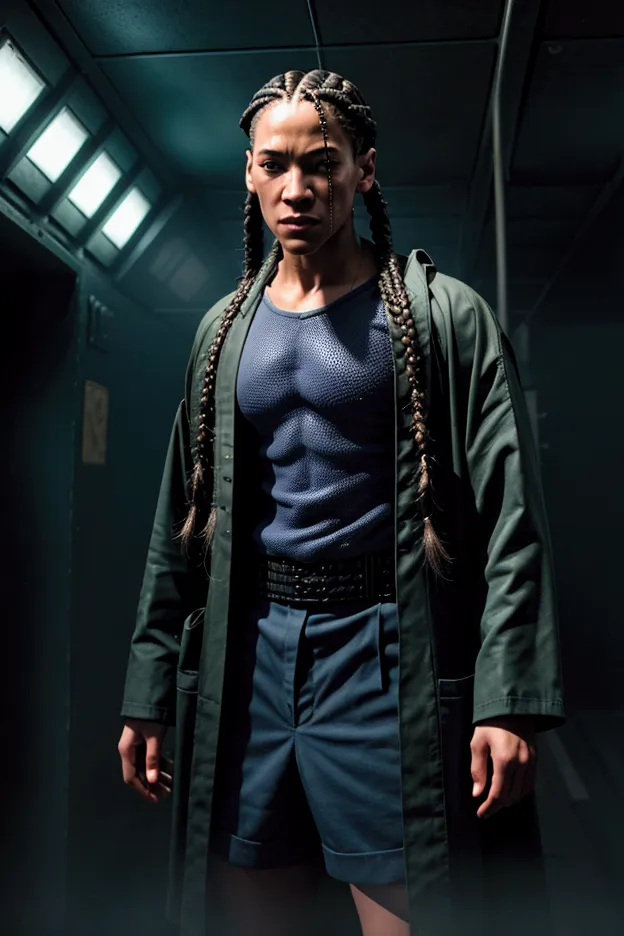 a young man as a ((character from the matrix)), ((box braids)), robes, blue letter carrier uniform, shorts, shock, vintage photo...