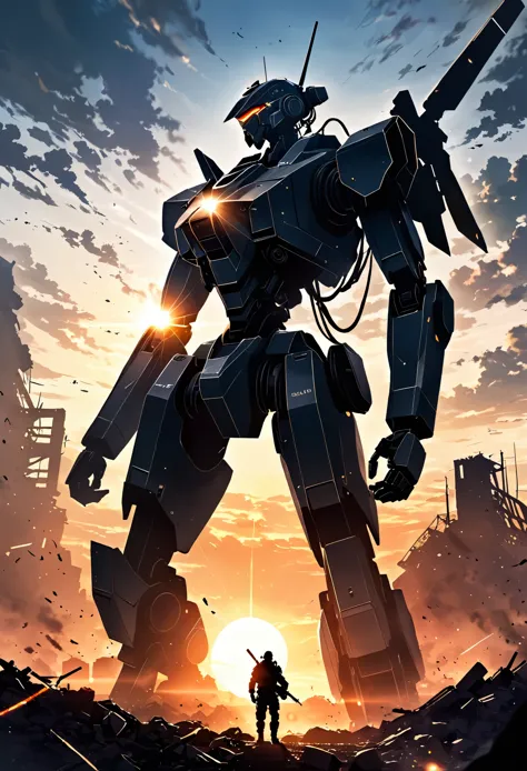 After the fierce battle、A collapsed and broken combat robot、The setting sun shines on the robot、Backlight by the setting sun、A soldier looking up at a robot、((silhouette)),Battlefield、Ruins