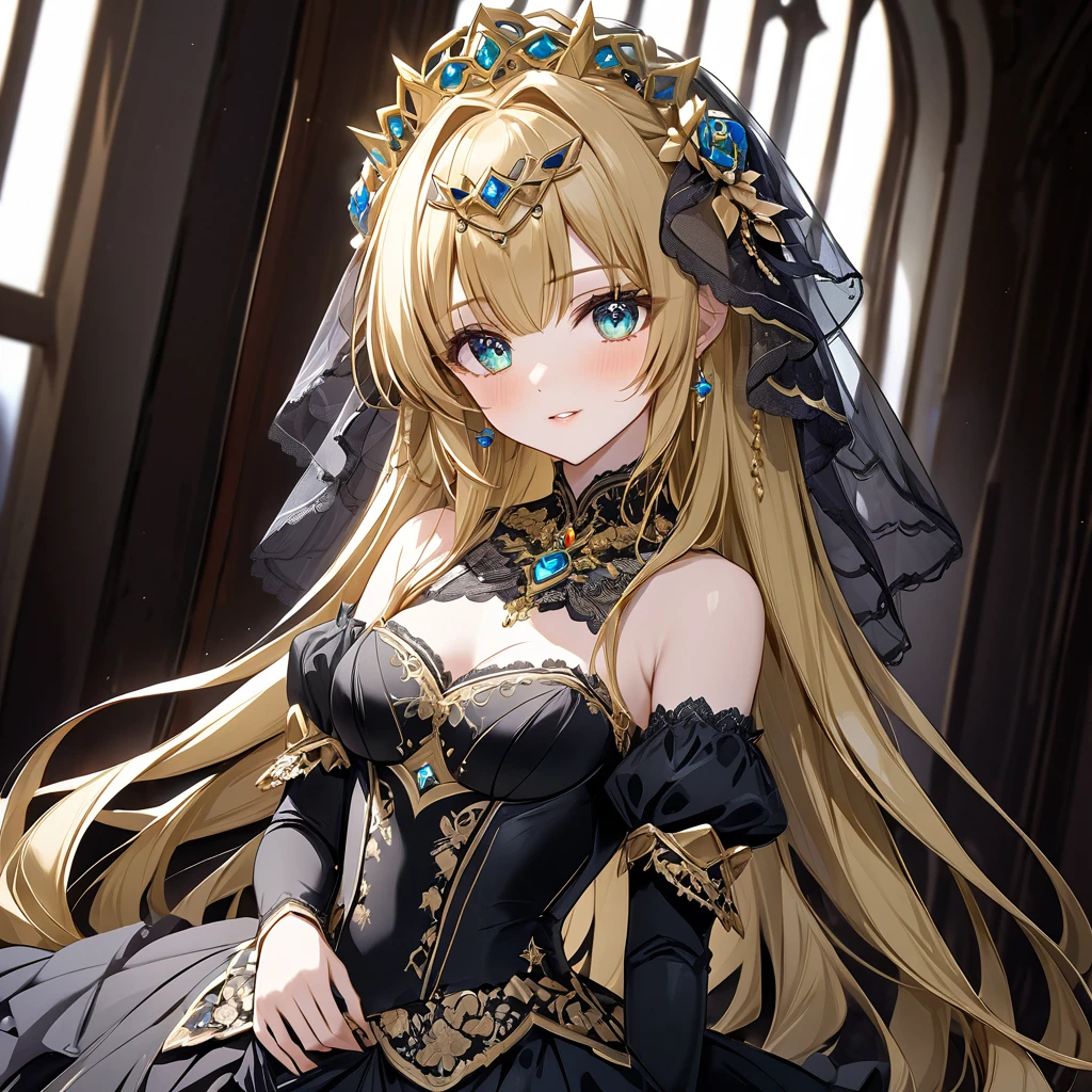 ((Highest quality)), ((masterpiece)), (detailed), （Perfect Face）、The woman is Extia Spica、The woman is wearing a black wedding dress with gorgeous gold embroidery and trim, and a black wedding veil.