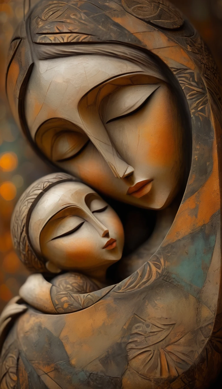 (masterpiece, best quality:1.2), Artistic ornaments，Madonna and Child，Kind face, Painted in earthy tones，color，With subtle patterns and textures，Invoking Ancient Wisdom. Focus on the face，With depth of field and bokeh effects. This is a high resolution image，Complex details，The background is dark，Soft lighting, style of. 
