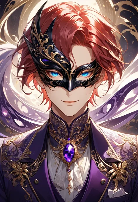 a meticulously crafted anime-style character portrait featuring a young male with a slender build, dressed in an opulent and lux...