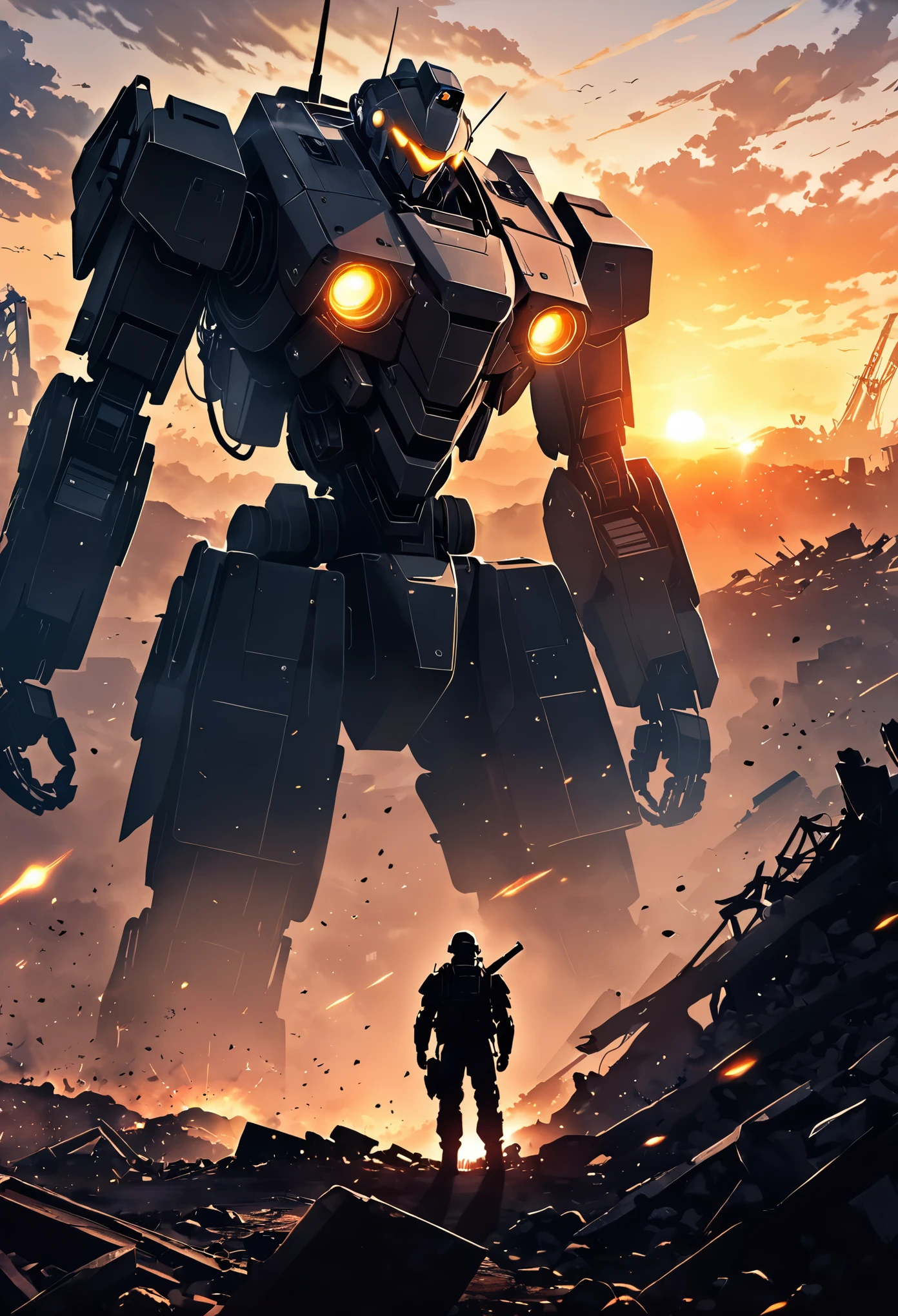 After the fierce battle、壊れたロボット、A collapsed and broken combat robot、The setting sun shines on the robot、Backlight by the setting sun、A soldier looking up at a robot、((silhouette)),Battlefield、Ruins