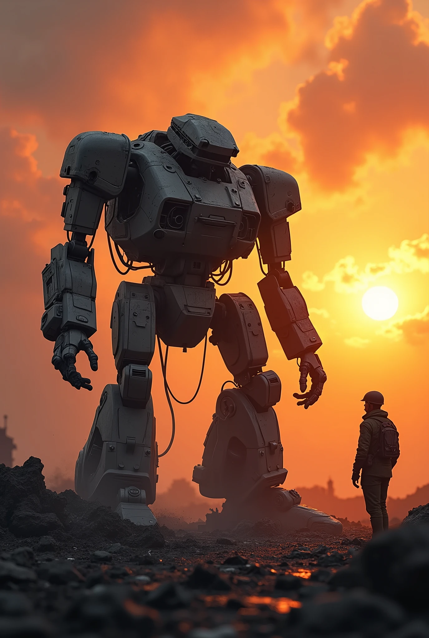 After the fierce battle、壊れたロボット、A collapsed and broken combat robot、The setting sun shines on the robot、Backlight by the setting sun、A soldier looking up at a robot、((silhouette)),Battlefield、Ruins