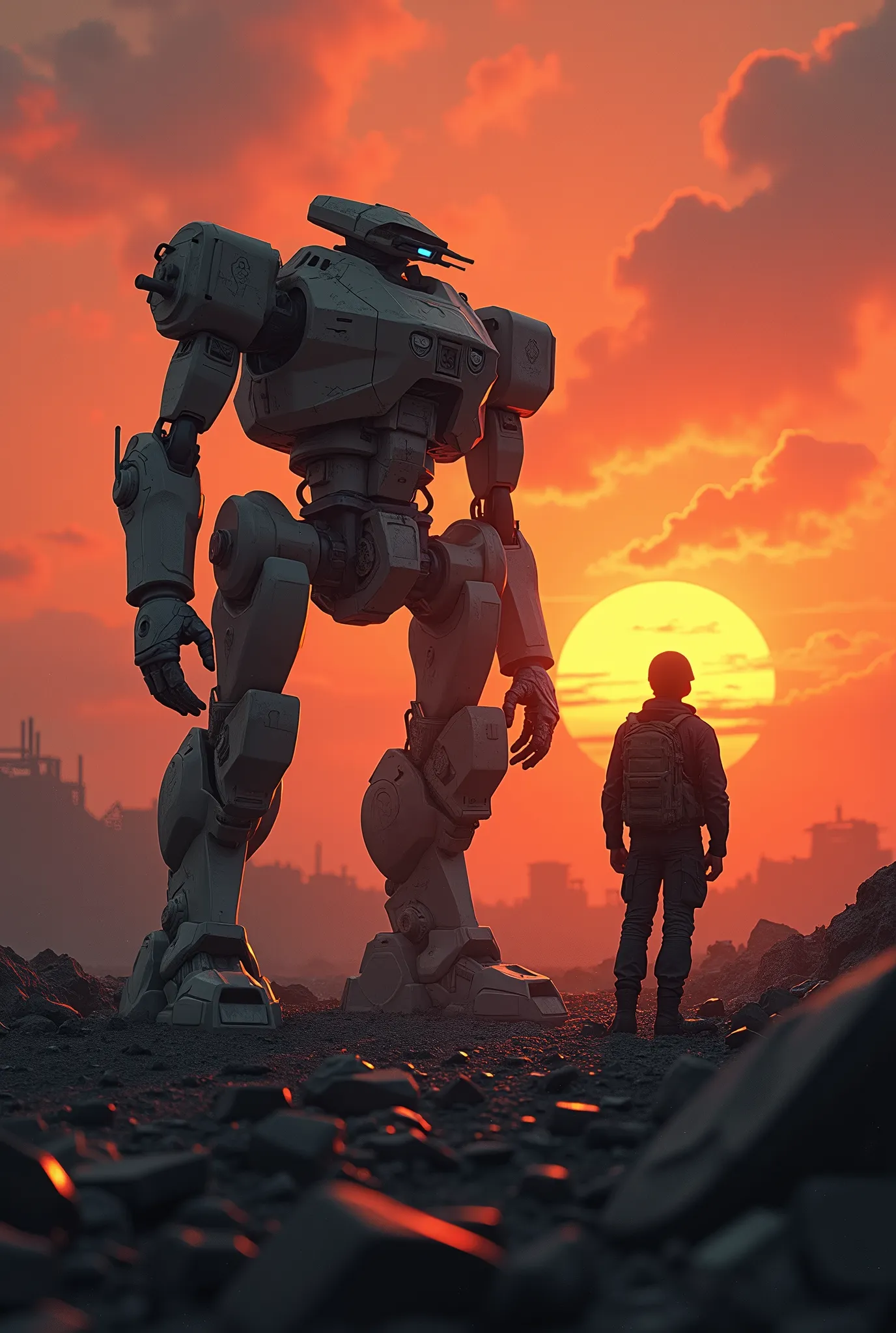 After the fierce battle、壊れたロボット、A collapsed and broken combat robot、The setting sun shines on the robot、Backlight by the setting sun、A soldier looking up at a robot、((silhouette)),Battlefield、Ruins