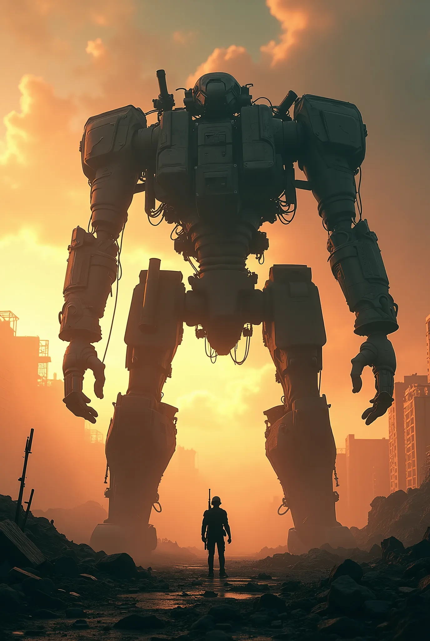 A collapsed and broken combat robot, backlit by the setting sun, silhouetted against a battlefield of ruins, a soldier looking up at the fallen machine, ultra-detailed, 8k, photorealistic, cinematic lighting, dramatic shadows, moody colors, gritty, post-apocalyptic, intricate mechanical details, realistic wear and tear, complex textures, dynamic composition