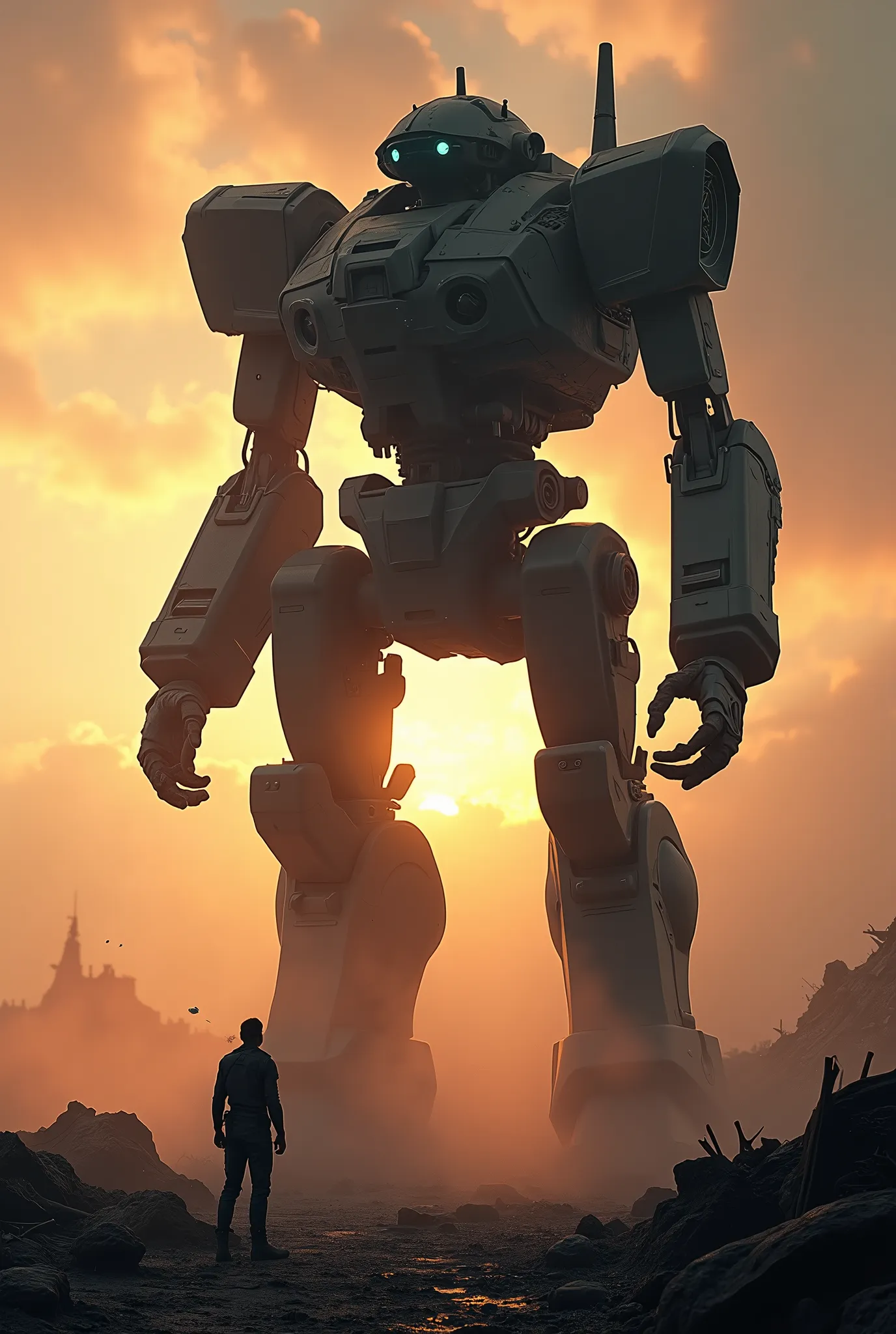 A collapsed and broken combat robot, backlit by the setting sun, silhouetted against a battlefield of ruins, a soldier looking up at the fallen machine, ultra-detailed, 8k, photorealistic, cinematic lighting, dramatic shadows, moody colors, gritty, post-apocalyptic, intricate mechanical details, realistic wear and tear, complex textures, dynamic composition