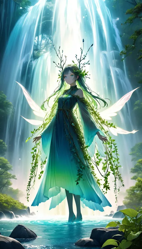 beautiful forest spirit fairy, wearing fresh green leaves and vines, protected by iridescent transparent triangular barrier, summon smoke-like spirit and shoot magic neon color beam, BREAK background surrounded by huge blue waterfall like Niagara Falls, fantasy world battlefield, conceptual installation art, (ultra detailed, absolutely resolution, best quality:1.3), 2.5D, delicate and dynamic effects, fantasy effects, graphic CG digital art