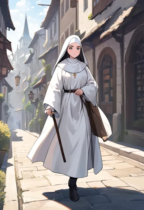 medieval europe，during the day，a nun in white monastic robes，holding a short staff，a book hangs on the belt，strolling the city s...