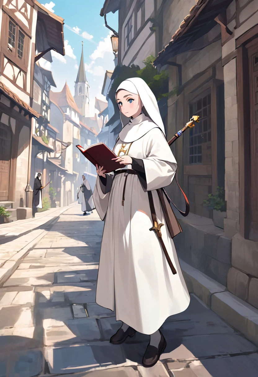 Medieval Europe，During the day，A nun in white monastic robes，Holding a short staff，A book hangs on the belt，Strolling the city streets。Mid-ground composition，Anime style，Game illustration style，Magic style，Suitable for card illustrations。