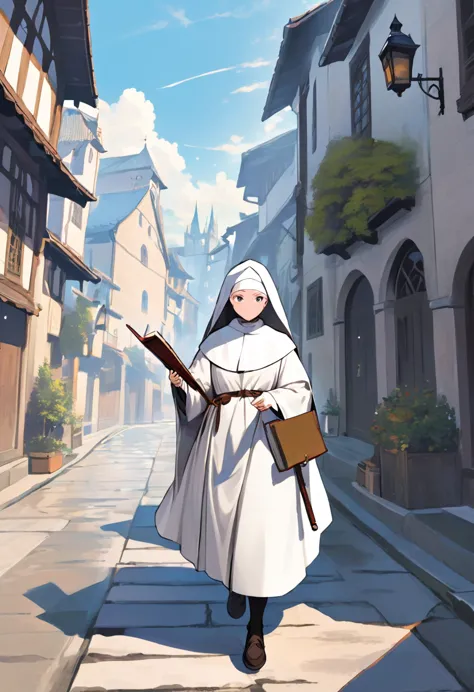 medieval europe，during the day，a nun in white monastic robes，holding a short staff，a book hangs on the belt，strolling the city s...