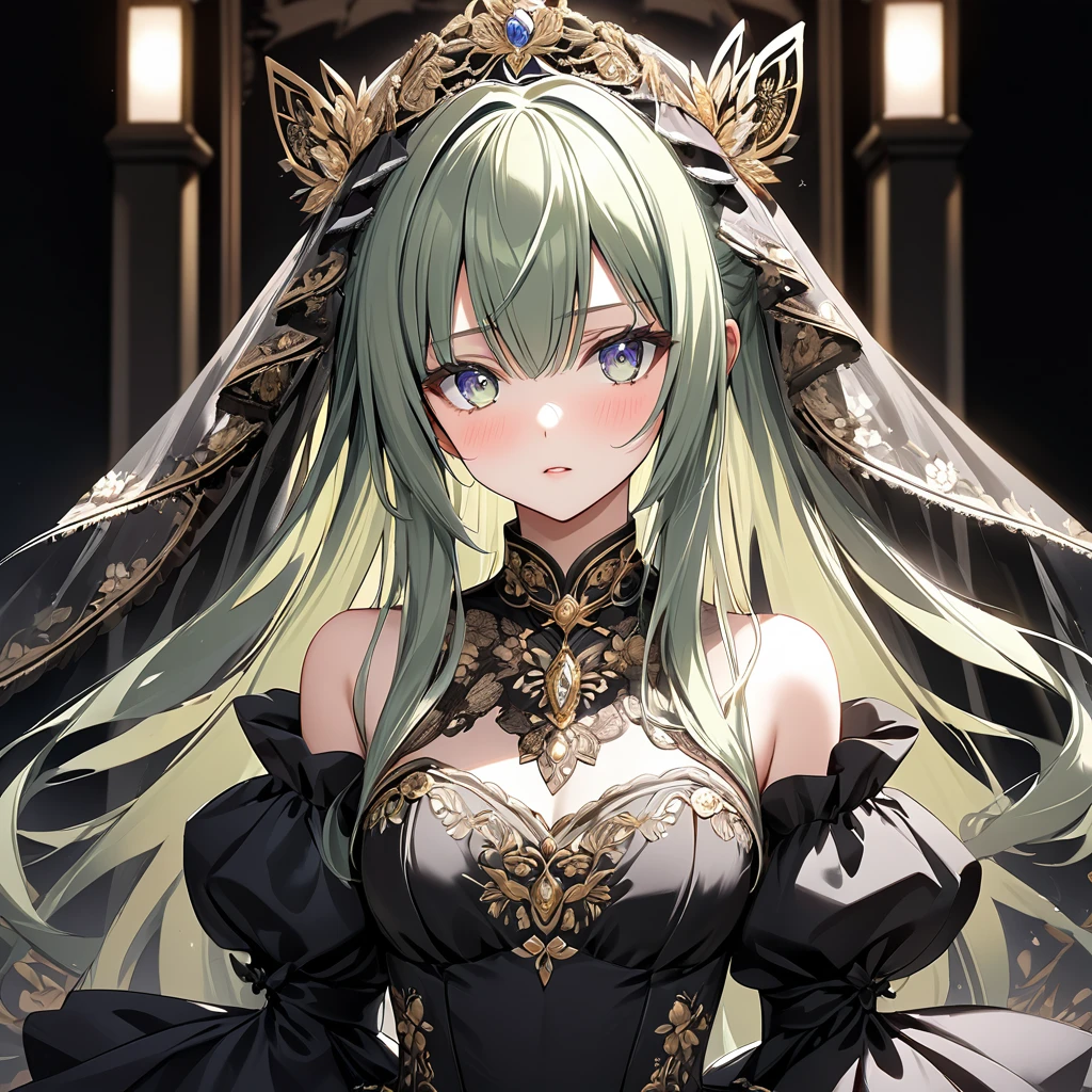 ((Highest quality)), ((masterpiece)), (detailed), （Perfect Face）、The woman is Extia Flora、The woman is wearing a black wedding dress with gorgeous gold embroidery and trim, and a black wedding veil.