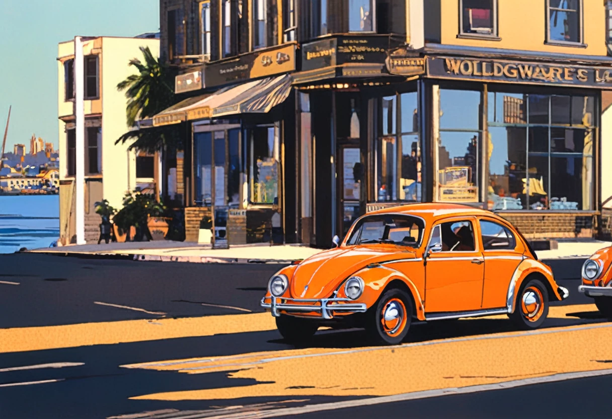 (masterpiece, high resolution, picturesque:1.2), 1970s Volkswagen Beetle car, (retro orange exterior:1.1), iconic design, cruising along Harbor Road, (lights reflecting:1.2), bathed in sunlight, sea breeze rustling, (harbor view:1.1), waves lapping the shore, city skyline mirrored, nostalgic ambiance, interplay of light and shadow, rich layers, captivating moment, old-world street view, vintage sentiment, fading moments