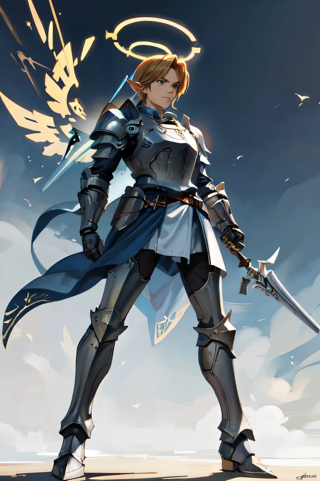 1man, grown, solo, standing, ootLink, paladin armor, full armor,paladin, knight, complex, (detailed armor:1.3), angel wings, (holy), giant wings, holding a sword, (detailed face:1.3), sharp face, detailed face, detailed eyes, ((Masterpiece)), ((best quality)), ((Super Detail)), highest detailed, beautiful light detail, thick outlines, comics, photorealistic, full body picture,(full body:1.3), (halo:1.2)