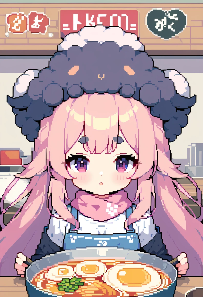 (((Highest quality, 8k, masterpiece: 1.3)), Beautiful pixel art, \One Woman, Pink Hair, Long Hair, Fluffy, fluffy hair, Thick eyebrows, White T-shirt, Blue jeans, apron, Pink bandana on head, Ramen shop, Ramen shopの厨房, 1 mini sheep