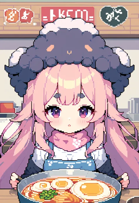 (((Highest quality, 8k, masterpiece: 1.3)), Beautiful pixel art, \One Woman, Pink Hair, Long Hair, Fluffy, fluffy hair, Thick eyebrows, White T-shirt, Blue jeans, apron, Pink bandana on head, Ramen shop, Ramen shopの厨房, 1 mini sheep