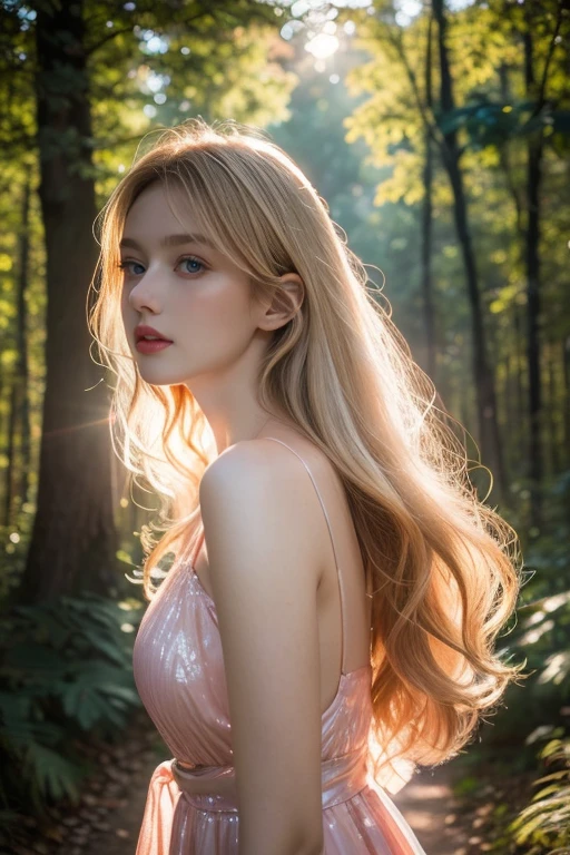 (8k), (masterpiece), (best quality), (super details), (award winning), (realistic), lens flare, glowing light, woman in a pink dress standing in the woods, (photography), modeling shoot, beautiful girl, (beautiful face:0.8), slender blonde girl, fashion photography portrait, pale skin curly blond hair