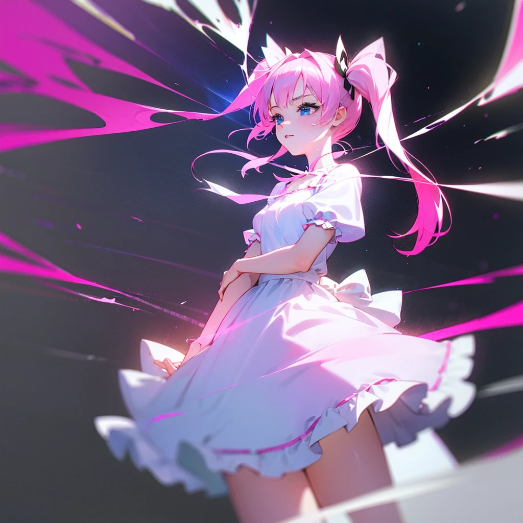 a beautiful anime girl with pink hair, blue eyes, and a delicate face, wearing a cute white dress, playful and cheerful expression, ultra-high definition, masterpiece, best quality, super detailed, accurate twin tails, animal ears, lolita with animal ears, motion illustration, speed lines, anime style