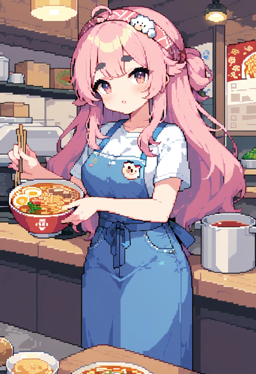 (((Highest quality, 8k, masterpiece: 1.3)), Beautiful pixel art, \One Woman, Pink long hair, Fluffy hair, Thick eyebrows, White T-shirt, Blue jeans, apron, Pink bandana on head, Ramen shop, Ramen shopの厨房, 1 mini sheep