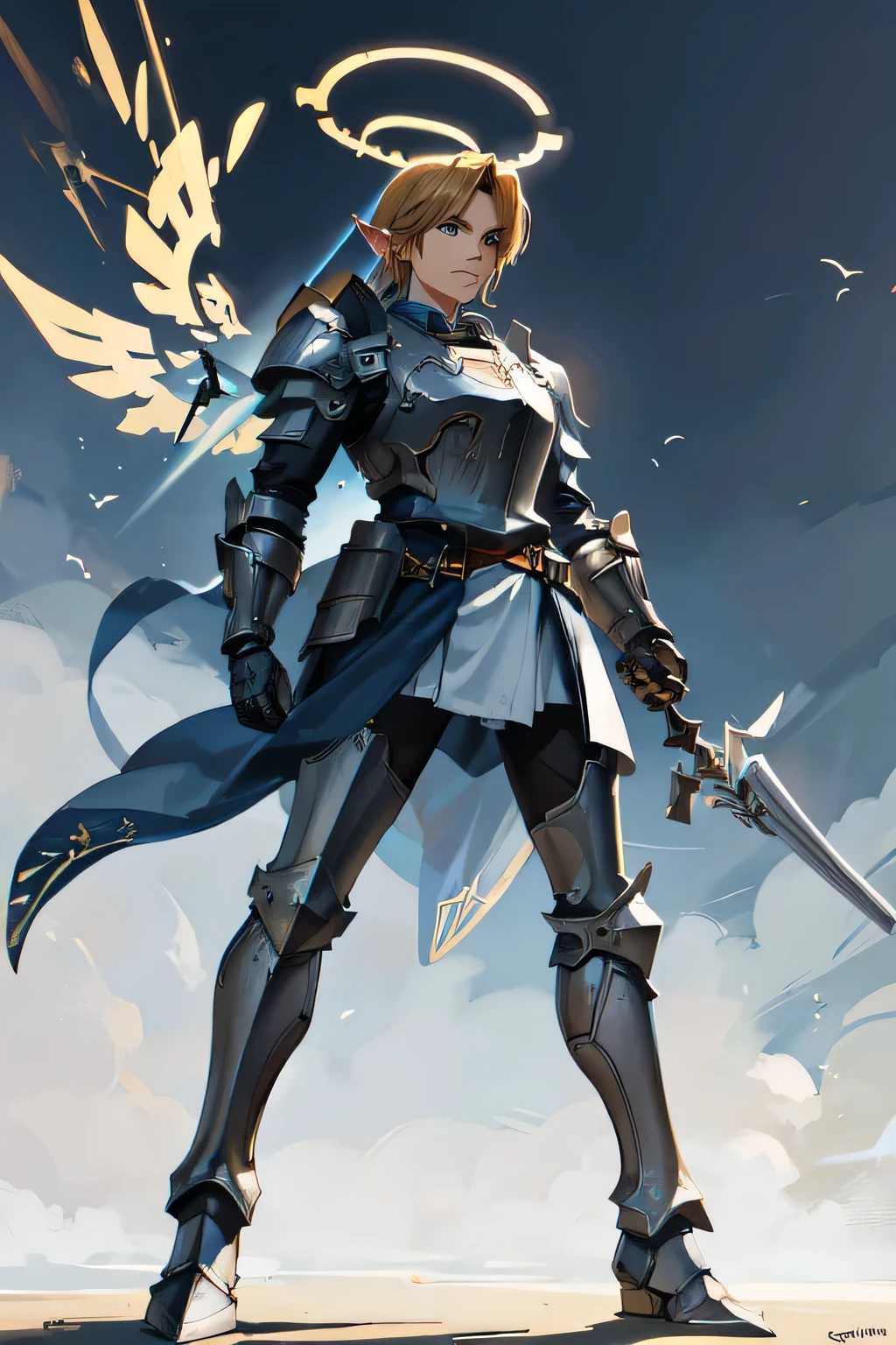 1man, grown, solo, standing, ootLink, paladin armor, full armor,paladin, knight, complex, (detailed armor:1.3), big angelic wings, angel wings, (holy), giant wings, holding a sword, (detailed face:1.3), sharp face, detailed face, detailed eyes, ((Masterpiece)), ((best quality)), ((Super Detail)), highest detailed, beautiful light detail, thick outlines, comics, photorealistic, full body picture,(full body:1.3), (halo:1.2)