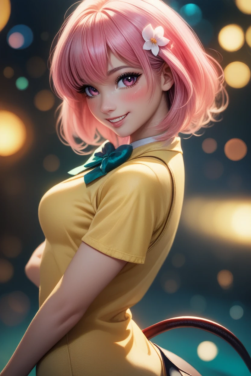 score_9, score_8_up, score_8, medium breasts, (ultra realistic,32k, masterpiece:1.2),(high detailed skin:1.1),( high quality:1.1), (curvy), cute, eyelashes,   1girl, solo, looking at viewer, tlrmomo, pink hair, hair flower, green bowtie, yellow sweater vest, white shirt, short sleeves, demon tail, standing, head tilt, curvy, smile, blush,   bokeh, luminescent background,