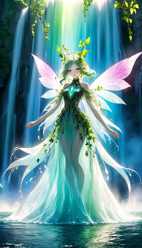 beautiful forest spirit fairy, wearing fresh green leaves and vines, protected by iridescent transparent triangular barrier, summon smoke-like spirit and shoot magic neon color beam, BREAK background surrounded by huge blue waterfall like Niagara Falls, fantasy world battlefield, graphic CG digital 2.5D art