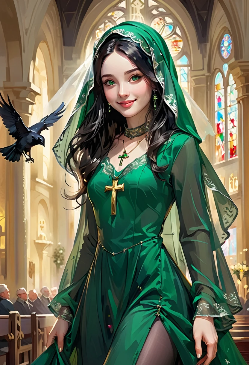 Attending Catholic mass. Beautiful 24 yo woman of Irish descent. athletic figure,(pale:1.4)complexion. raven black hair, green eyes, cute butt, nice legs. Kind eyes,(joy:1.3),(smile:1.2). head veil, Cross pendant, light makeup, Long flowing dress, long sleeves, pantyhose, high heels.Masterpiece, (highly detailed:1.2),(detailed face and eyes:1.2), depth of field, 8k wallpaper, natural lighting, core shadows, high contrast, bokeh.(rule of thirds)