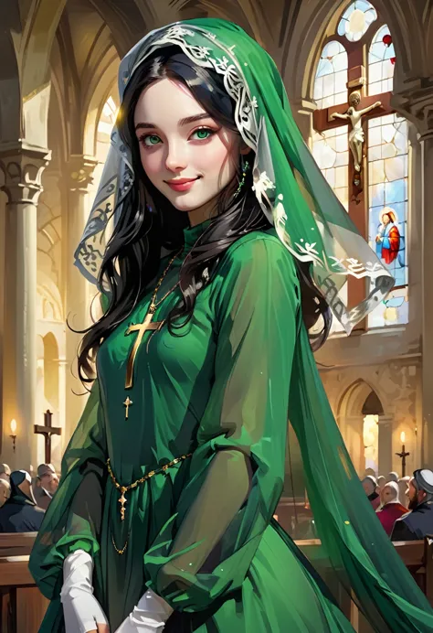 attending catholic mass. beautiful 24 yo woman of irish descent. athletic figure,(pale:1.4)complexion. raven black hair, green e...