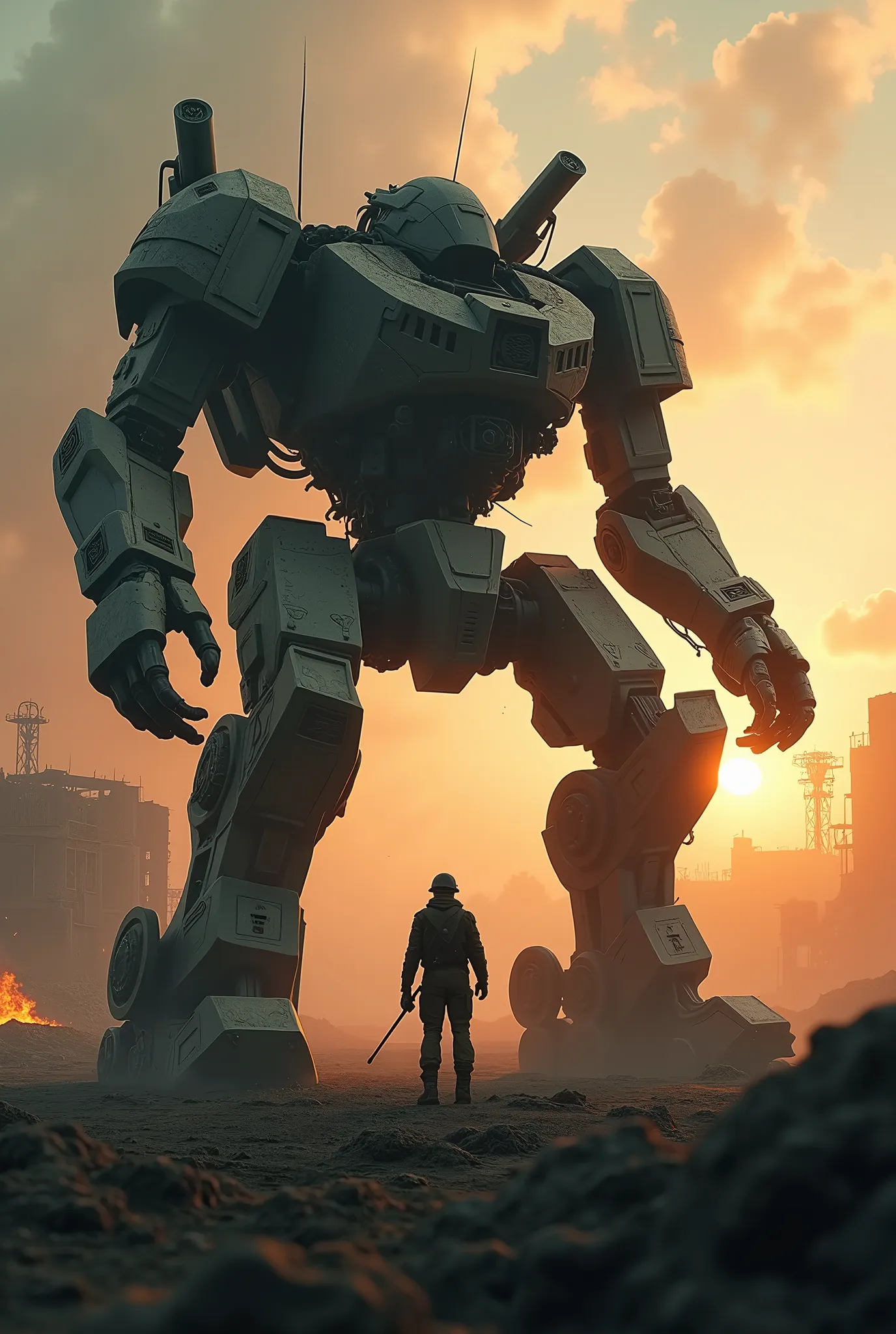 A collapsed and broken combat robot, backlit by the setting sun, silhouetted against a battlefield of ruins, a soldier looking up at the fallen machine, ultra-detailed, 8k, photorealistic, cinematic lighting, dramatic shadows, moody colors, gritty, post-apocalyptic, intricate mechanical details, realistic wear and tear, complex textures, dynamic composition,Sparks and smoke coming from the robot