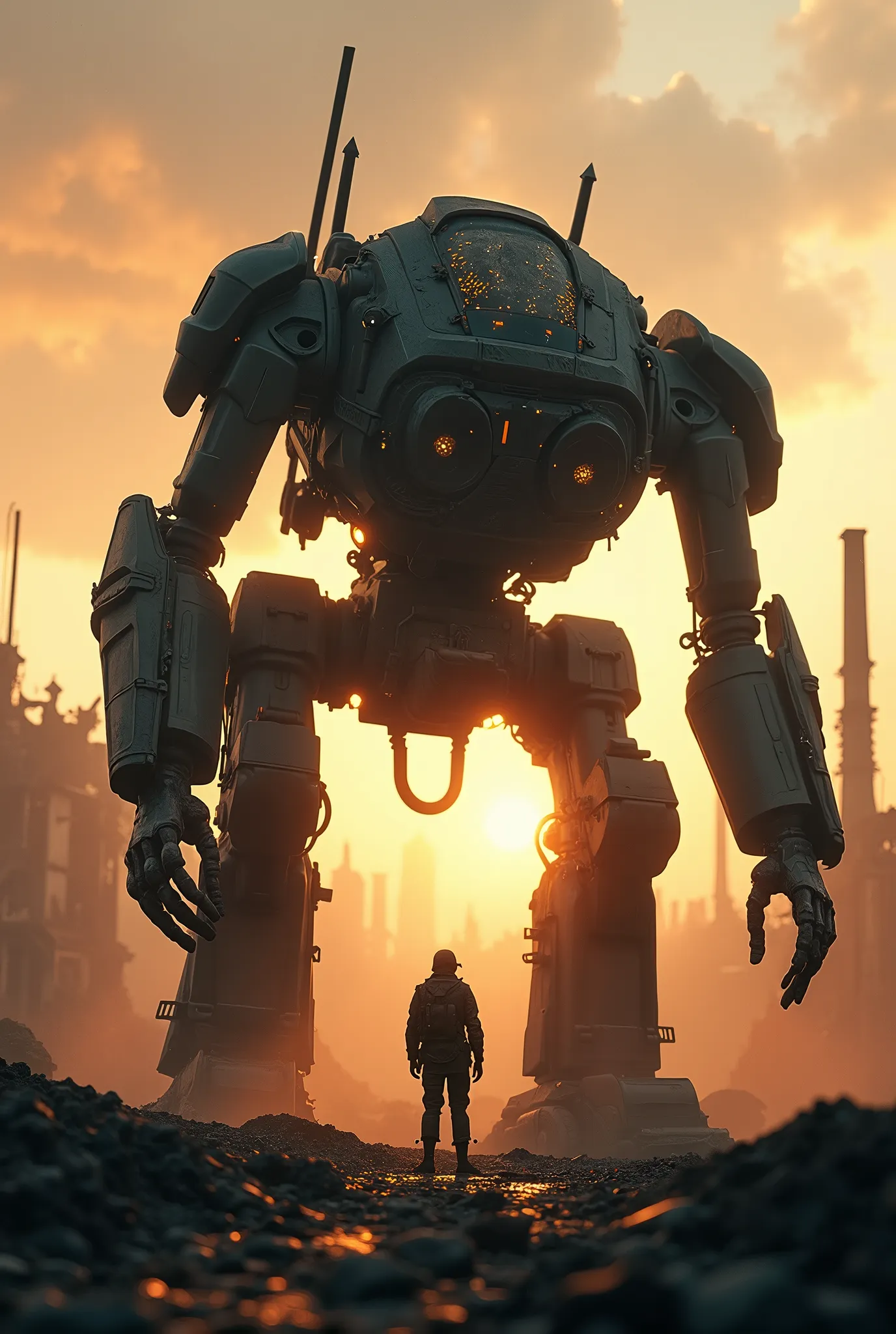 A collapsed and broken combat robot, backlit by the setting sun, silhouetted against a battlefield of ruins, a soldier looking up at the fallen machine, ultra-detailed, 8k, photorealistic, cinematic lighting, dramatic shadows, moody colors, gritty, post-apocalyptic, intricate mechanical details, realistic wear and tear, complex textures, dynamic composition,Sparks and smoke coming from the robot