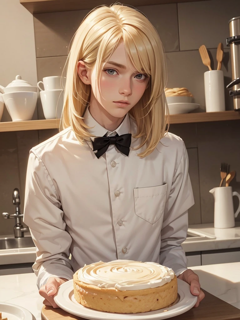 (best quality), 1boy, male, porcelain skin, blonde hair, medium hair, straight hair, side swept bangs, brown eyes, perfect eyes, boyish, cute face, patissier uniform, skinny body, masterpiece, anatomically correct, highres
#