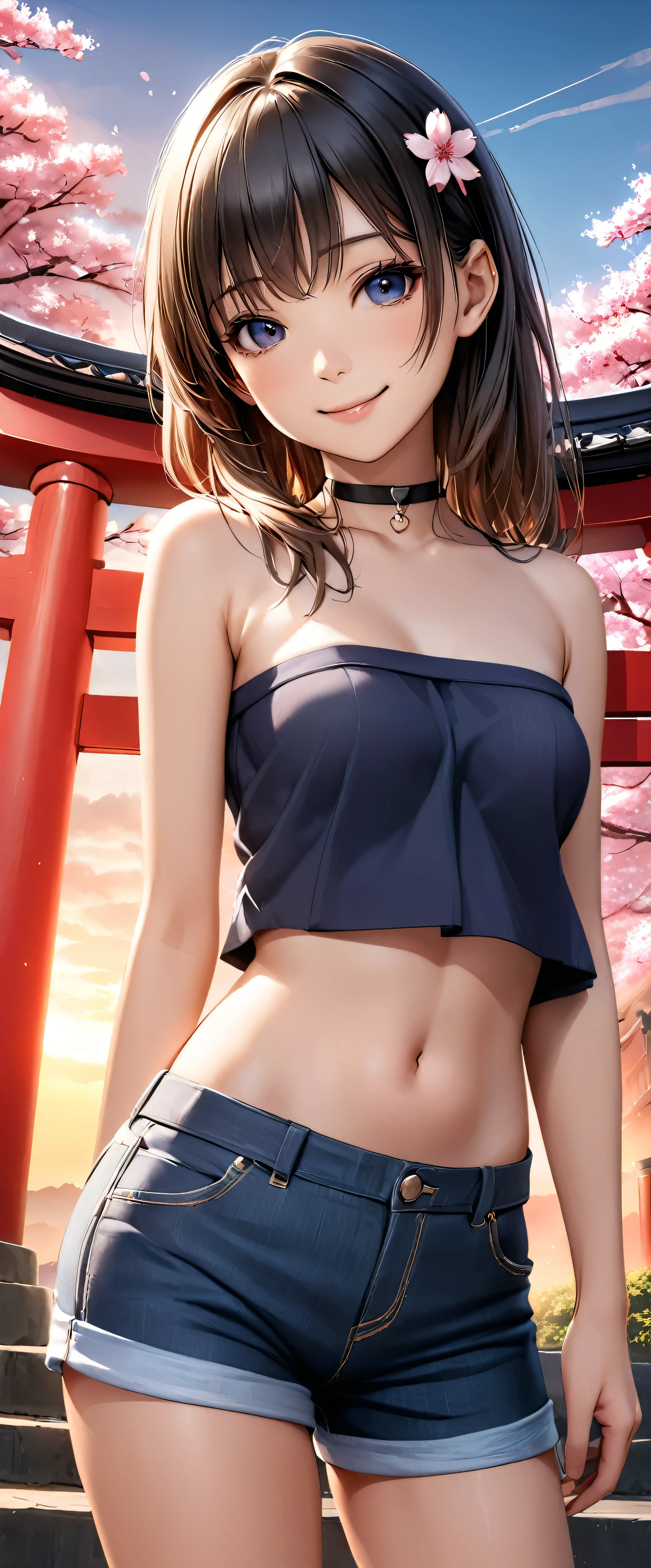 Highest quality, Ultra-high resolution, (Realistic:1.4), One person,  Small breasts, Black choker, smile, Exposing shoulders, Focus Only, View your viewers,Fair skin,sunset,cherry blossoms,Photon Mapping, Physically Based Rendering, RAW Photos, Highly detailed background,K-Pop Idols,Depth of written boundary,torii,cherry blossoms,hair ornaments,Detailed face,Glowing Skin,Game CG,whole body, micro jean shorts,Tube top,skinny,Fits perfectly against the skin