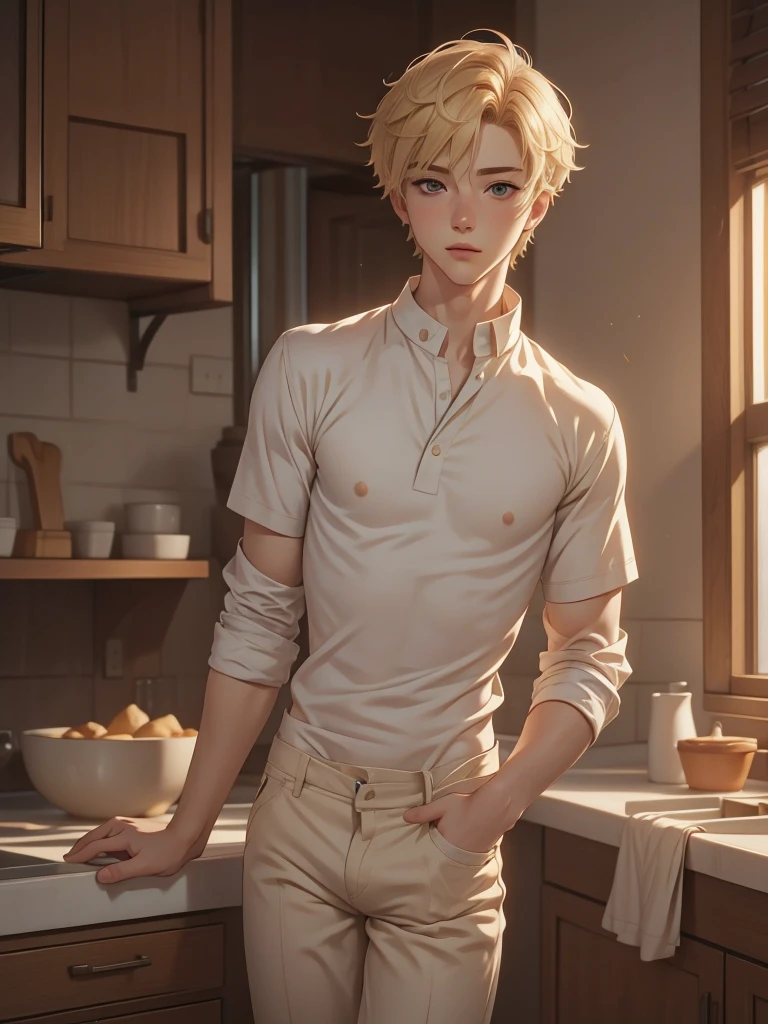 (best quality), 1boy, male, porcelain skin, blonde hair, short hair, straight hair, side swept hair, brown eyes, perfect eyes, boyish, cute face, patissier uniform, skinny body, masterpiece, anatomically correct, highres #
