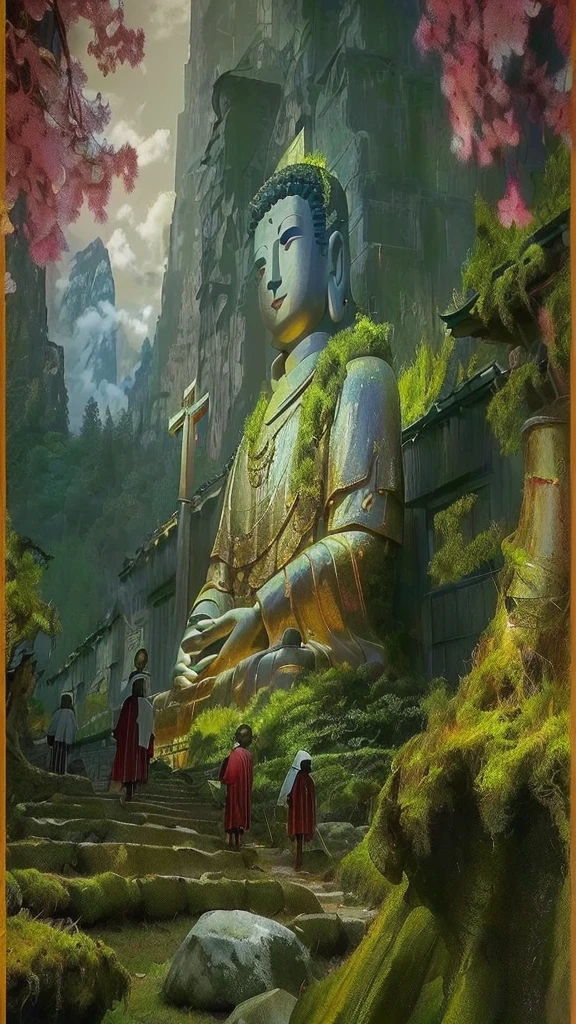 (A group of pilgrims on the way:1.5)，In the distance is a huge tall Buddha statue，with mountains，Covered in moss, Peaceful face, Buddhist,,Detailed unblurred face, Stoic face,photore, The sky shines gold，holy rays，Zen temple background,Verism, En plein air, Cinematic lighting, stereograms, Masterpiece, hyper HD, Best quality