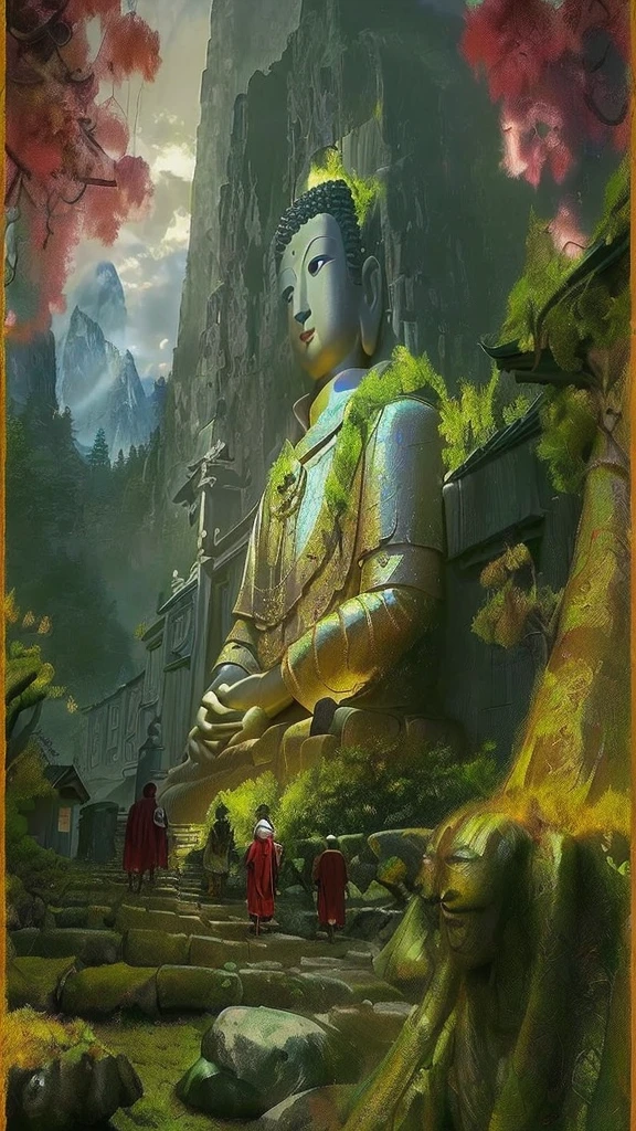 (A group of pilgrims on the way:1.5)，In the distance is a huge tall Buddha statue，with mountains，Covered in moss, Peaceful face, Buddhist,,Detailed unblurred face, Stoic face,photore, The sky shines gold，holy rays，Zen temple background,Verism, En plein air, Cinematic lighting, stereograms, Masterpiece, hyper HD, Best quality