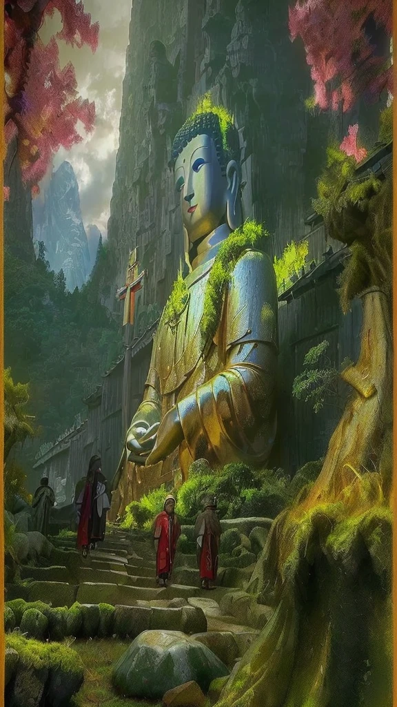 (A group of pilgrims on the way:1.5)，In the distance is a huge tall Buddha statue，with mountains，Covered in moss, Peaceful face, Buddhist,,Detailed unblurred face, Stoic face,photore, The sky shines gold，holy rays，Zen temple background,Verism, En plein air, Cinematic lighting, stereograms, Masterpiece, hyper HD, Best quality