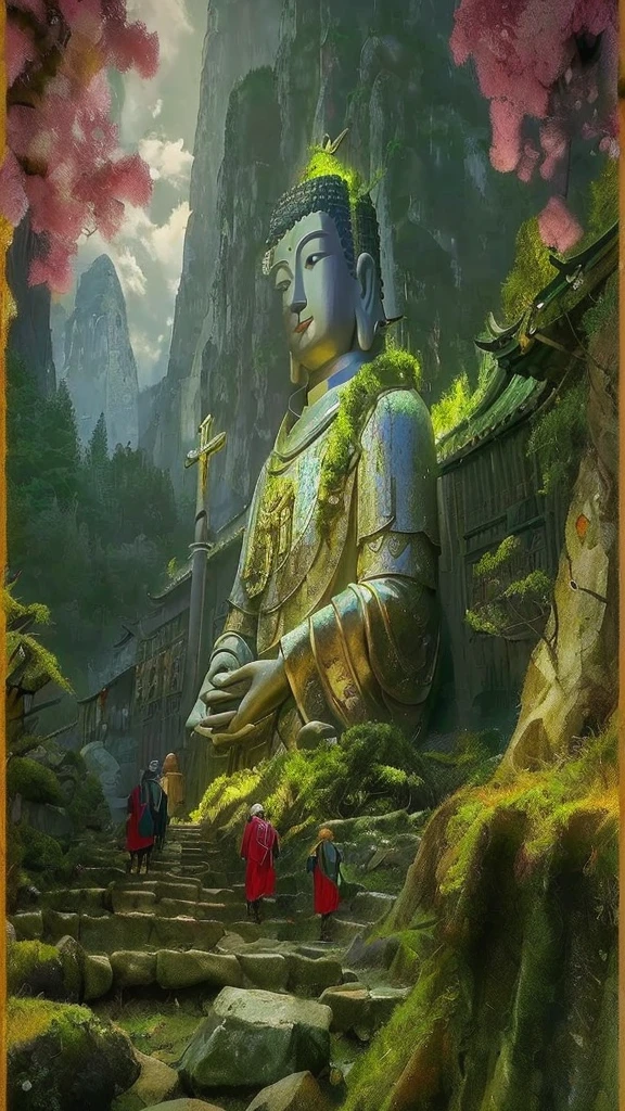 (A group of pilgrims on the way:1.5)，In the distance is a huge tall Buddha statue，with mountains，Covered in moss, Peaceful face, Buddhist,,Detailed unblurred face, Stoic face,photore, The sky shines gold，holy rays，Zen temple background,Verism, En plein air, Cinematic lighting, stereograms, Masterpiece, hyper HD, Best quality