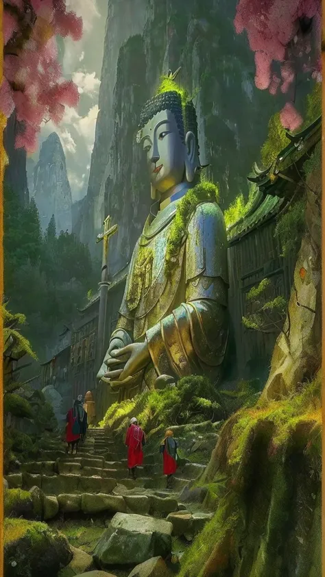 (a group of pilgrims on the way:1.5)，in the distance is a huge tall buddha statue，with mountains，covered in moss, peaceful face,...