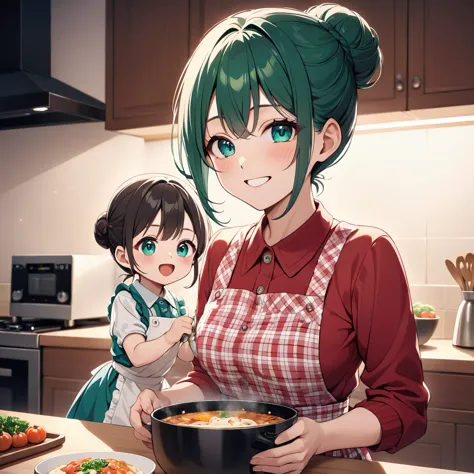 (8k, best quality, master piece: 1.2),ultra-high resolution,30-year-old mother and  child cooking together,ultra-detailed face,d...