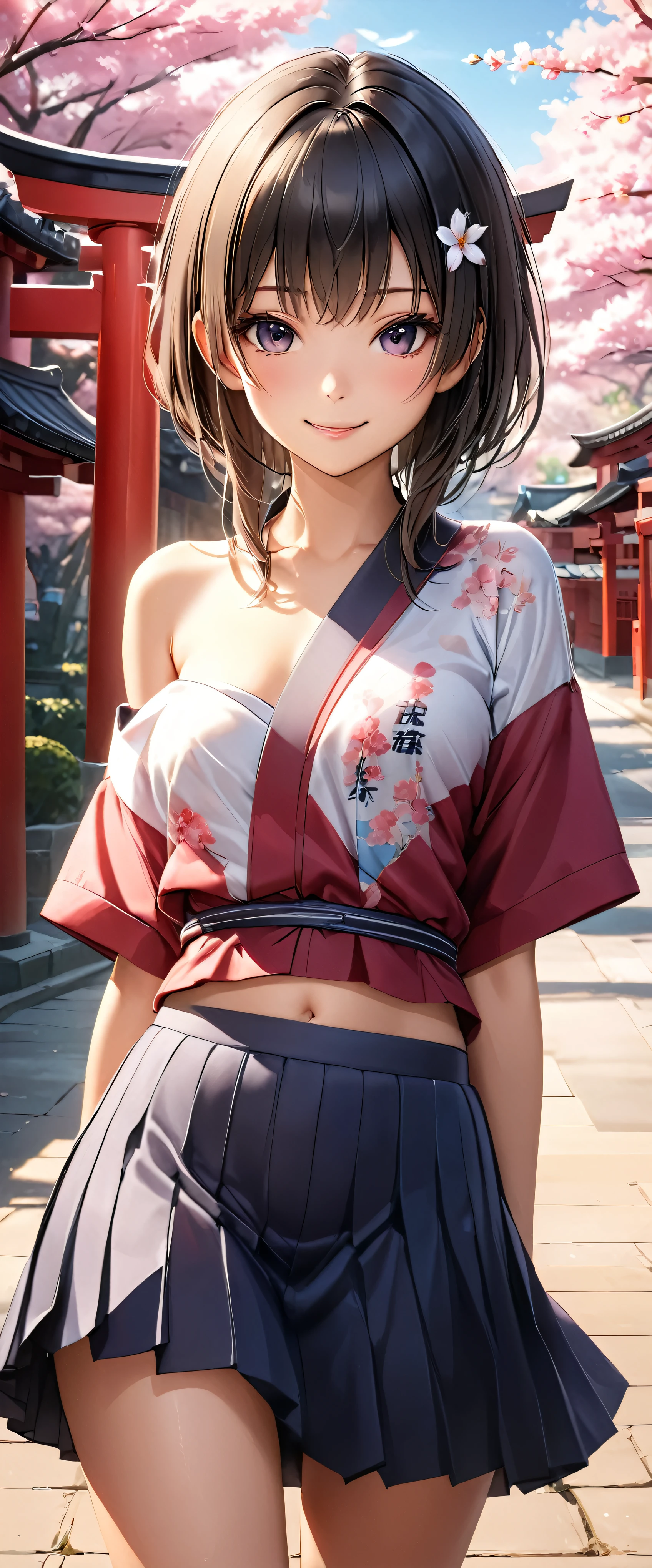 Highest quality, Ultra-high resolution, (Realistic:1.4), One person,  Small breasts,  smile, Exposing shoulders, Focus Only, View your viewers,Fair skin,sunset,cherry blossoms,Photon Mapping, Physically Based Rendering, RAW Photos, Highly detailed background,K-Pop Idols,Depth of written boundary,torii,cherry blossoms,hair ornaments,Detailed face,Glowing Skin,Game CG,whole body, kimono,skinny,Fits perfectly against the skin