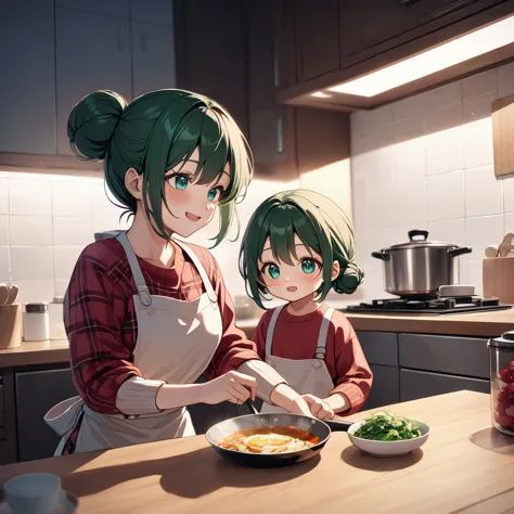 (8k, best quality, master piece: 1.2),ultra-high resolution,30-year-old mother and child cooking together,ultra-detailed face,de...