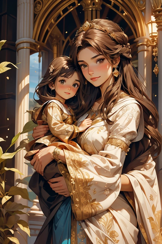 A petite young woman with a regal and noble presence, her long brown hair flowing gracefully around her. She has warm brown eyes, delicate freckles, and a sly, knowing smile. She is dressed in a medieval-style azure gown adorned with intricate golden floral embroidery, exuding elegance and grace. In her arms, she holds a small male child who closely resembles her, sharing her brown hair and gentle features. The scene is softly lit, highlighting their bond and royal demeanor while ensuring the image remains safe for work.