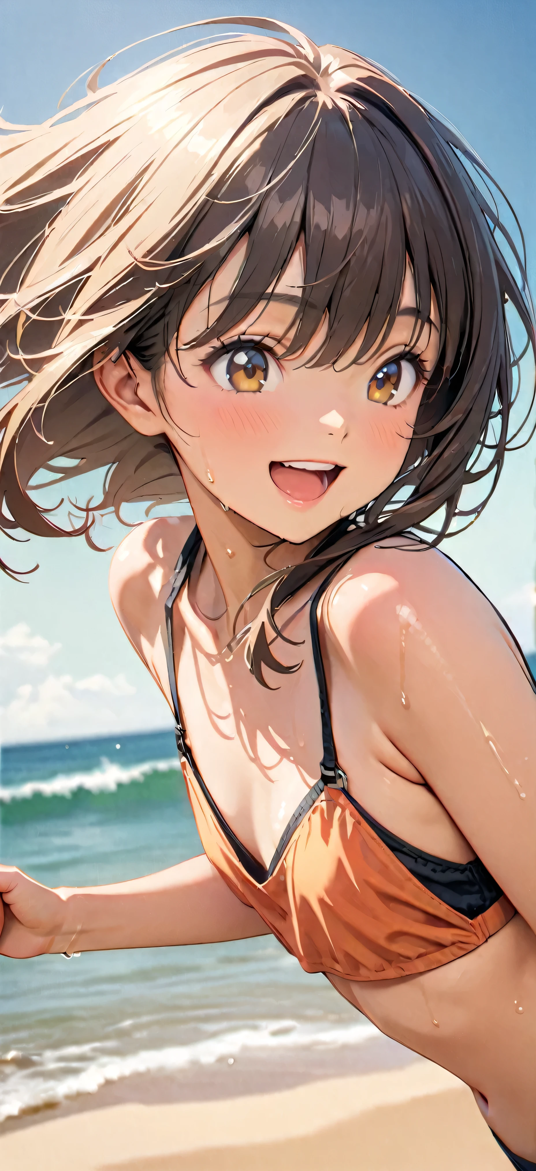 (Highest quality:1.2, Very detailed, Latest, Vibrant, masterpiece:1.2, Highest quality, Best aesthetics), ((Bust Shot:1.4)), 1980s style, 8K Ultra HD, Background Blur, big smile, One Woman, Woman in bikini, Strong sunlight, Seaside, sunny, Summer sunshine, Wet Skin, Flat chest, Sandy Beach, low length, Dynamic Angle, very young, Get excited, Low - Angle