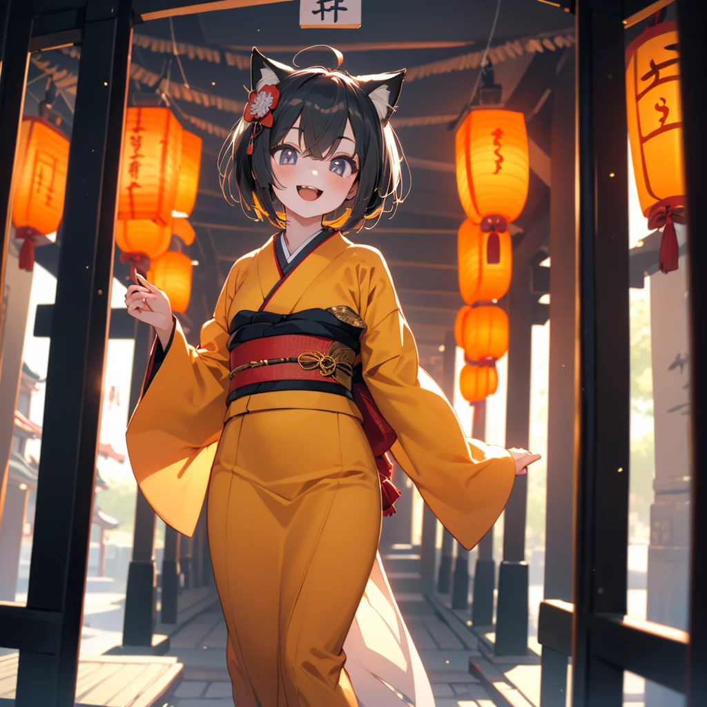 (8k, RAW Photo, Top Quality, Refined Details, Masterpiece: 1.2), (High Resolution 8k Wallpaper), Sharp Focus, Professional Lighting, Depth of Field, Cinematic Lighting, Background Blur, (1Girl:1.5),(A humanoid fox girl),(short hair featuring a yellow and orange gradient), She is wearing a short orange and white gradation dress that is a modern remake of a traditional kimono. She is looking straight into the camera with a bright smile.The background is Inari Shrine in Japan