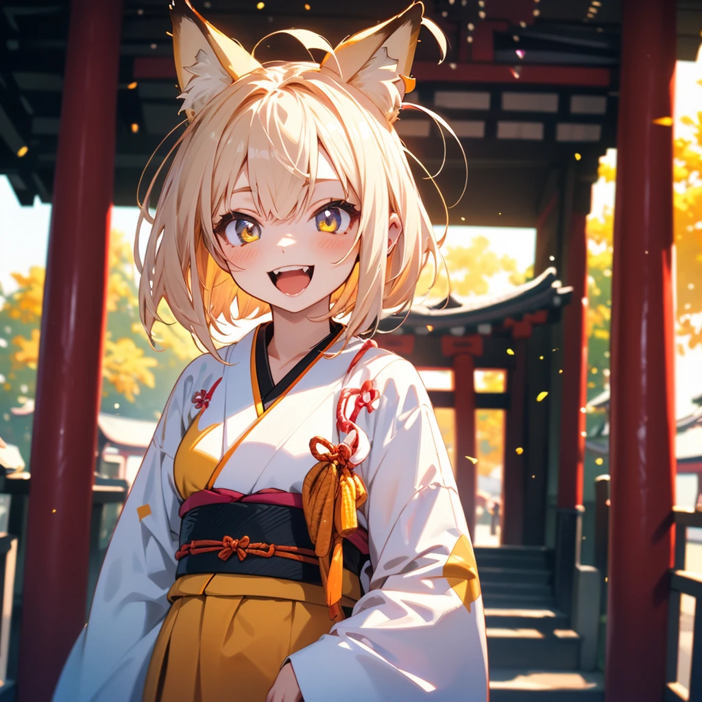 (8k, RAW Photo, Top Quality, Refined Details, Masterpiece: 1.2), (High Resolution 8k Wallpaper), Sharp Focus, Professional Lighting, Depth of Field, Cinematic Lighting, Background Blur, (1Girl:1.5),(A humanoid fox girl),(short hair featuring a yellow and orange gradient), She is wearing a short orange and white gradation dress that is a modern remake of a traditional kimono. She is looking straight into the camera with a bright smile.The background is Inari Shrine in Japan