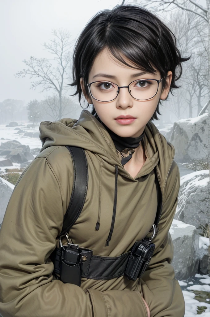 masterpiece, best quality, (realistic,photo-realistic:1.4), (RAW photo:1.2), extremely detailed CG unity 8k wallpaper, delicate and beautiful, amazing,finely detail, official art, absurdres, incredibly absurdres, huge filesize, ultra-detailed,extremely detailed eyes and face,light on face,sarada,(little smile:1.2),(black hair:1.4),(wearing military hoodie:1.5),(very short hair:1.4),nature,sarada uchiha ,(wearing black framed glasses:1.4),(narure background:1.4)