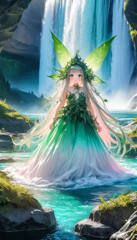 beautiful forest spirit fairy, wearing fresh green leaves and vines, protected by iridescent transparent triangular barrier, summon smoke-like spirit and shoot magic neon color beam, BREAK background surrounded by huge blue waterfall like Niagara Falls, fantasy world battlefield, graphic CG digital 2.5D art