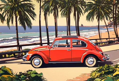 a volkswagen beetle from the 1970s (retro red exterior: 1.1), iconic design, cruising along coastal road, (reflected lights: 1.2...